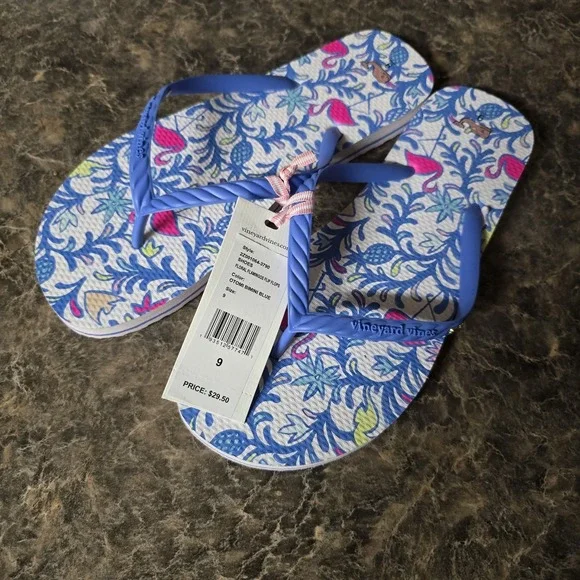 Vineyard Vines Blue Pink Flamingo Flip Flop Pool Sandals Women Size 9 NWT - Picture 2 of 4